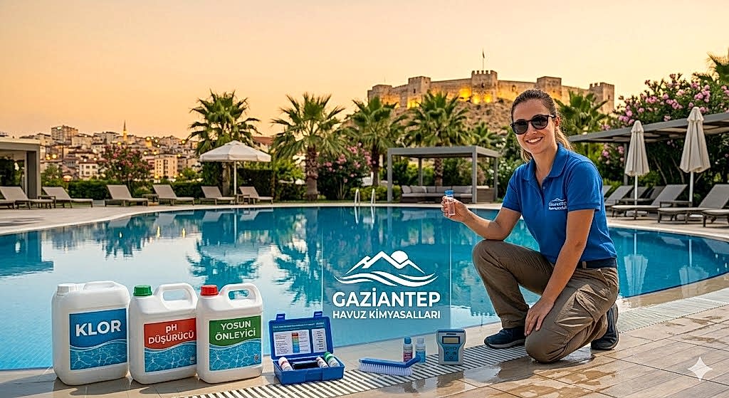Gaziantep Havuz Kimyasalları kurumsal tanıtım görseli; arka planda Gaziantep Kalesi manzarası eşliğinde havuz başında profesyonel teknik ekipmanlar ve marka logolu havuz temizlik ürünleri.