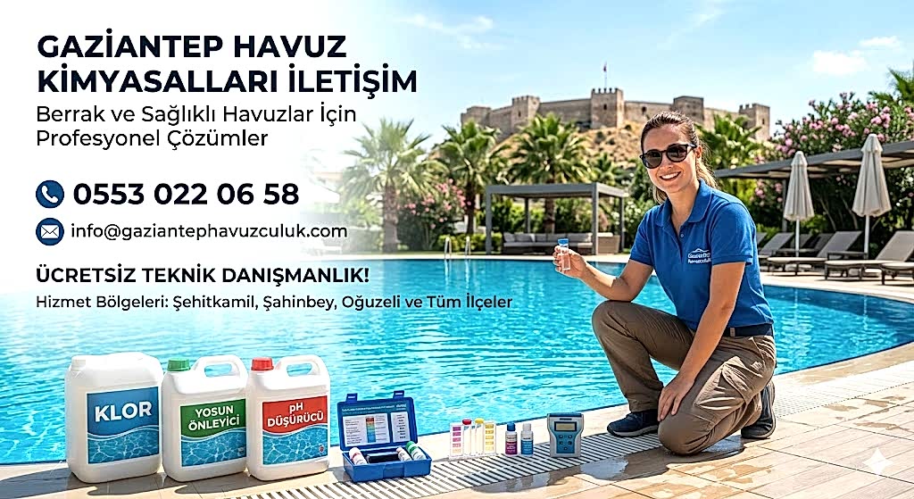 Gaziantep Havuz Kimyasalları iletişim görseli; klor, yosun önleyici ve pH düşürücü ürünleri ile havuz suyu analizi yapan uzman personel.
